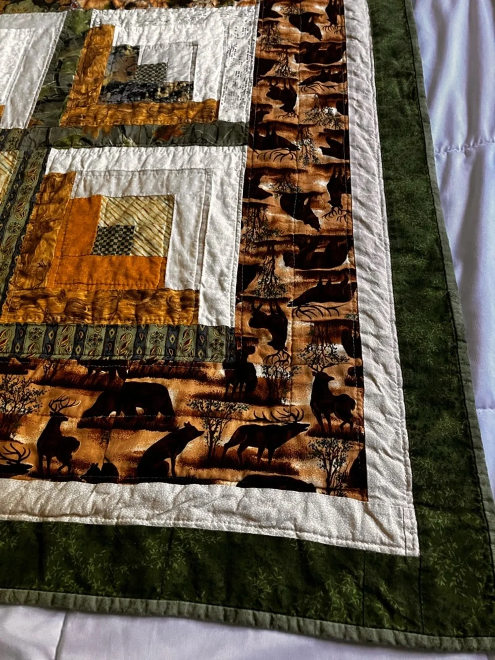 Handmade Rustic Patchwork Log Cabin Quilt Throw 45”x44”- Brown, Cream & Green